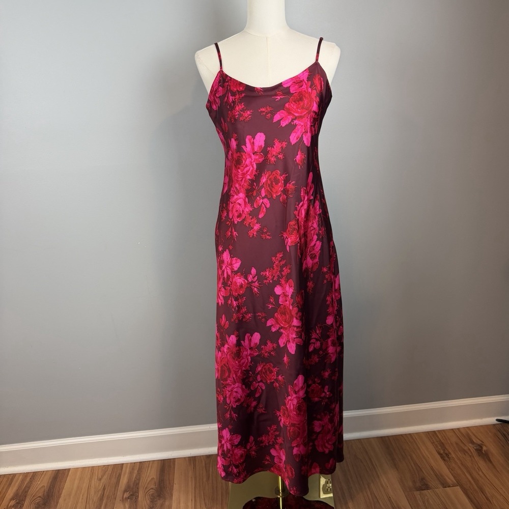 GAP Satin Maxi Slip Dress Womens M Pink Floral Burgundy Side Slit NWOT
